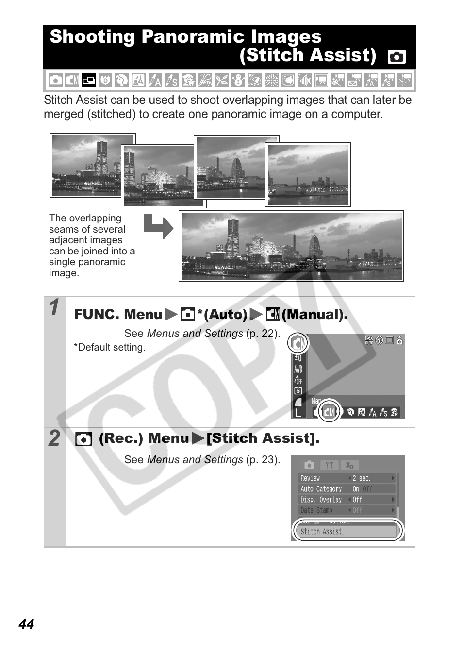 Shooting panoramic images (stitch assist) | Canon Leather Soft Case 70 User Manual | Page 46 / 163