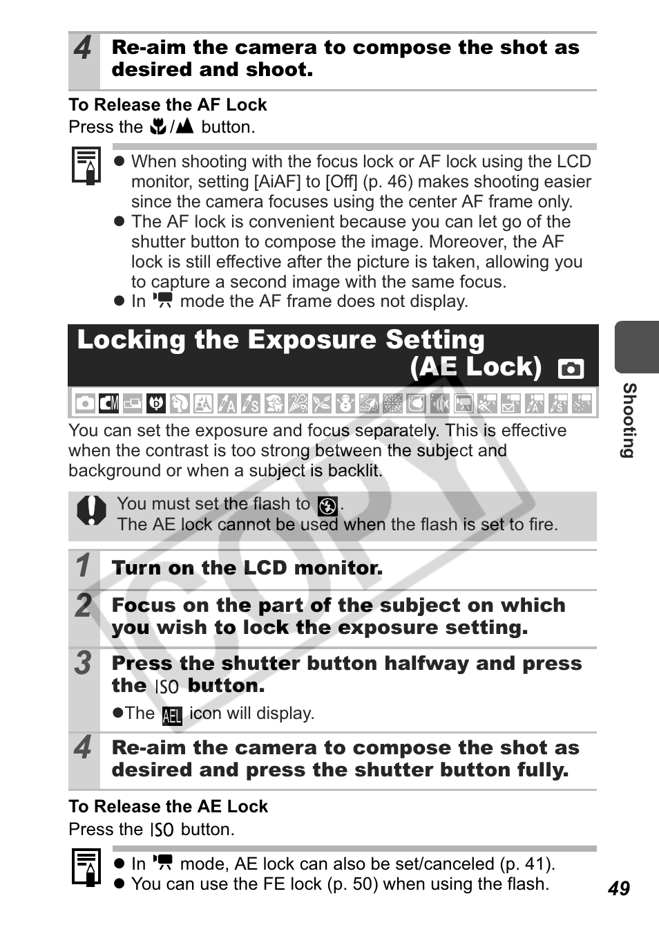 Locking the exposure setting (ae lock) | Canon Leather Soft Case 70 User Manual | Page 51 / 163