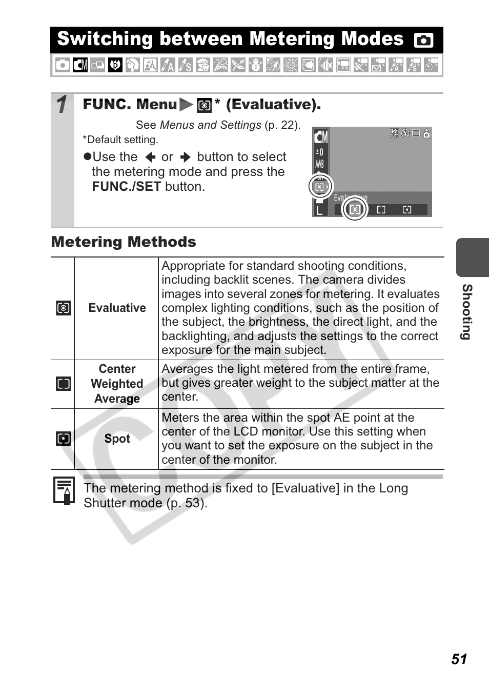 Switching between metering modes | Canon Leather Soft Case 70 User Manual | Page 53 / 163