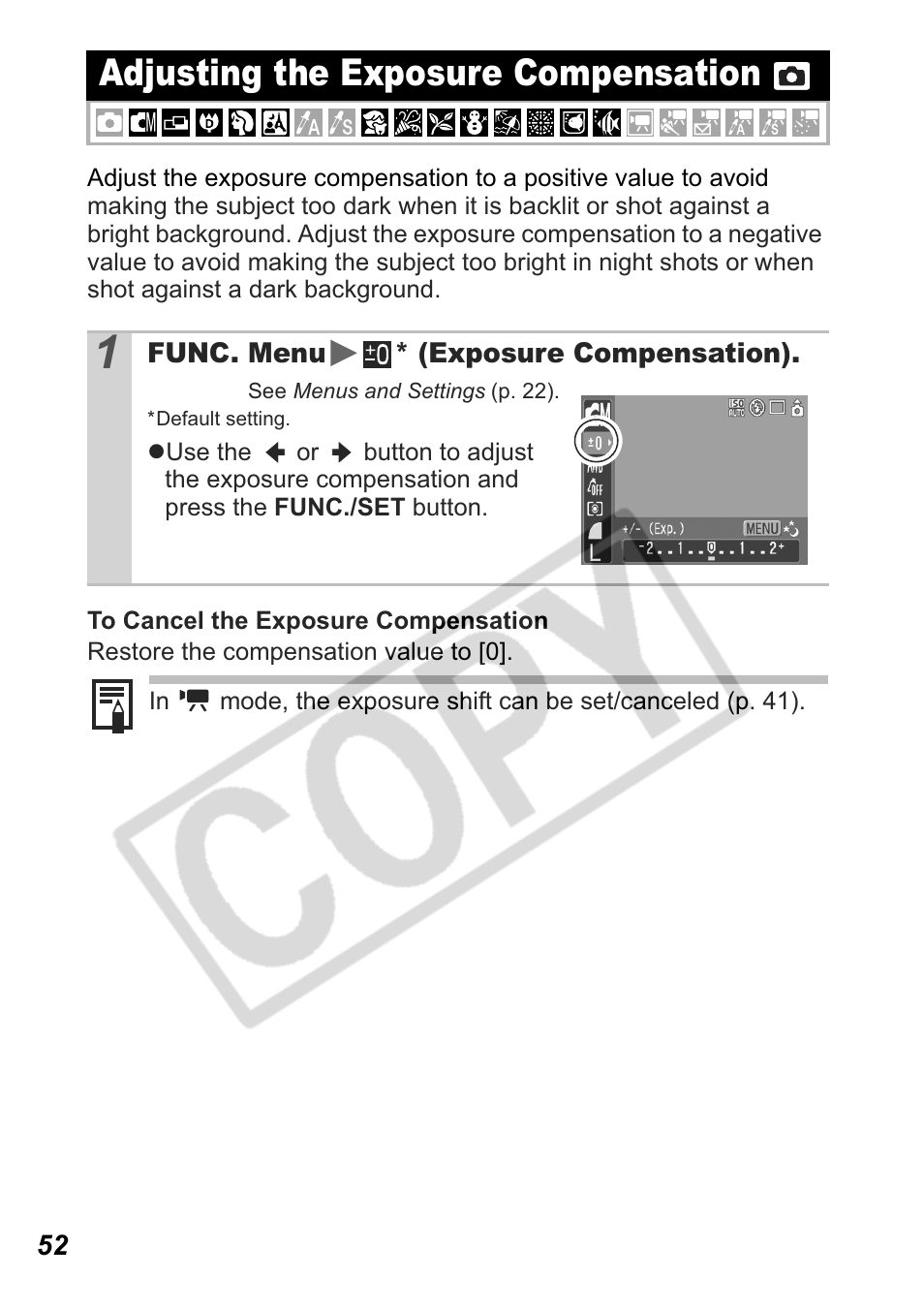 Adjusting the exposure compensation | Canon Leather Soft Case 70 User Manual | Page 54 / 163