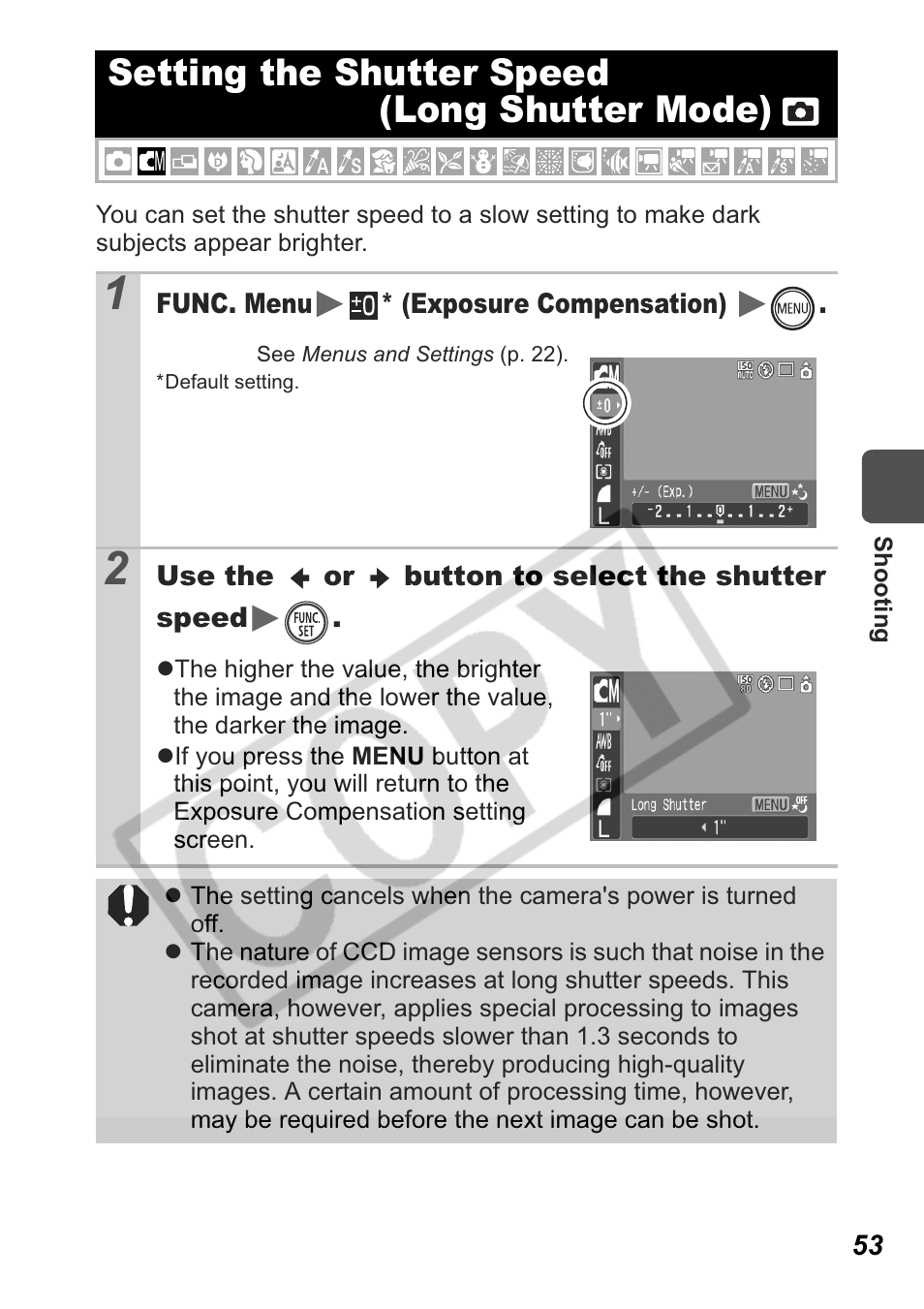 Setting the shutter speed (long shutter mode) | Canon Leather Soft Case 70 User Manual | Page 55 / 163