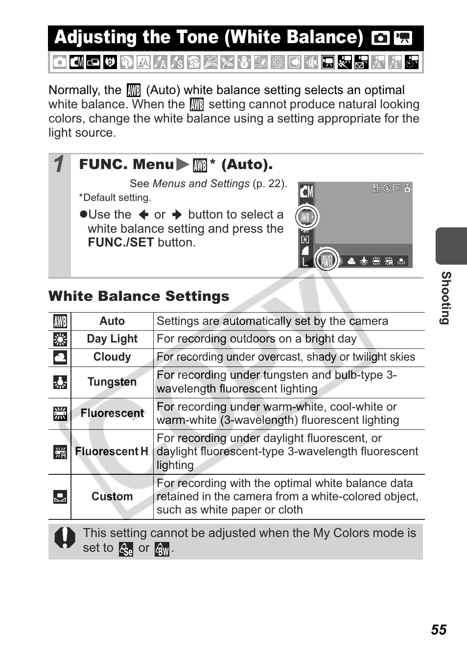 Adjusting the tone (white balance) | Canon Leather Soft Case 70 User Manual | Page 57 / 163