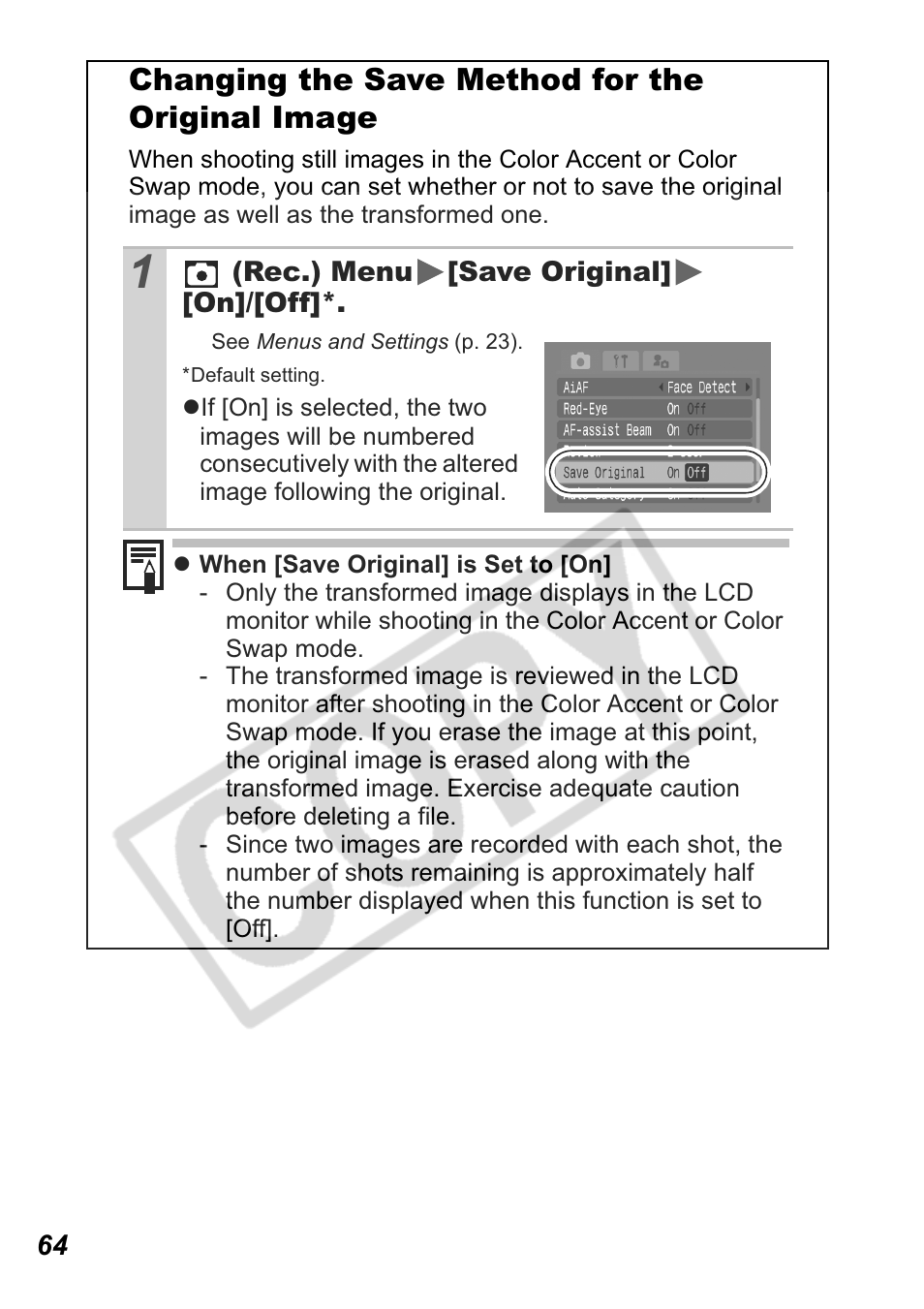 Changing the save method for the original image | Canon Leather Soft Case 70 User Manual | Page 66 / 163