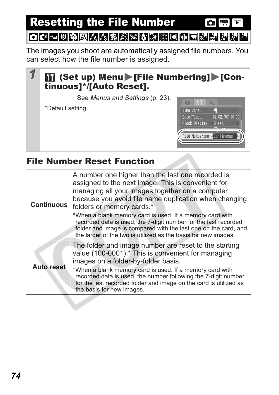 Resetting the file number | Canon Leather Soft Case 70 User Manual | Page 76 / 163