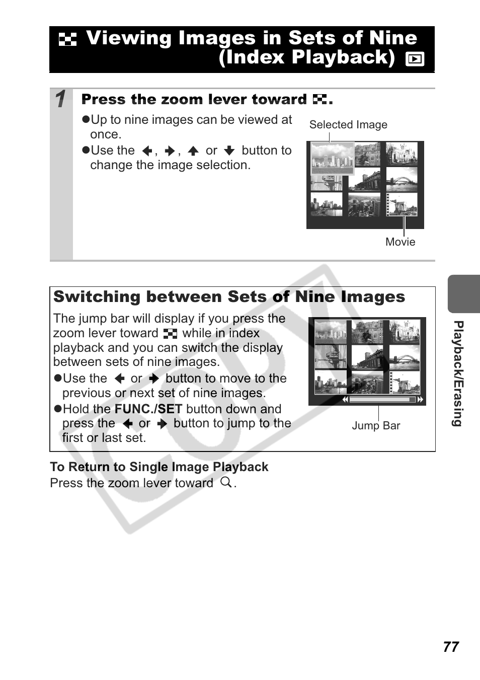 Viewing images in sets of nine (index playback), Switching between sets of nine images | Canon Leather Soft Case 70 User Manual | Page 79 / 163