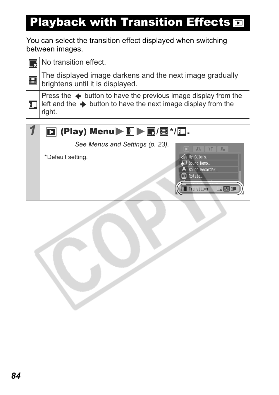 Playback with transition effects | Canon Leather Soft Case 70 User Manual | Page 86 / 163