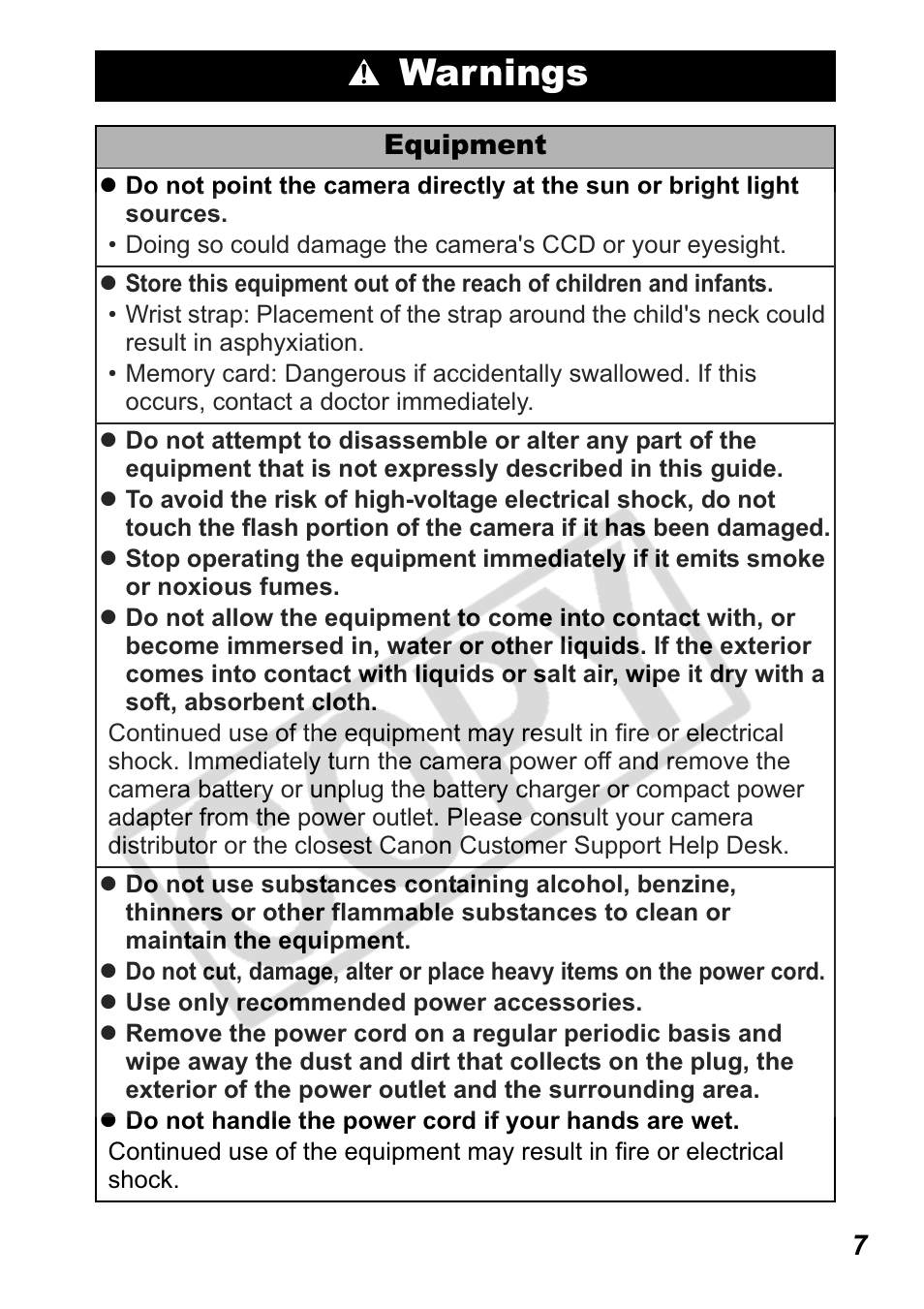 Warnings | Canon Leather Soft Case 70 User Manual | Page 9 / 163