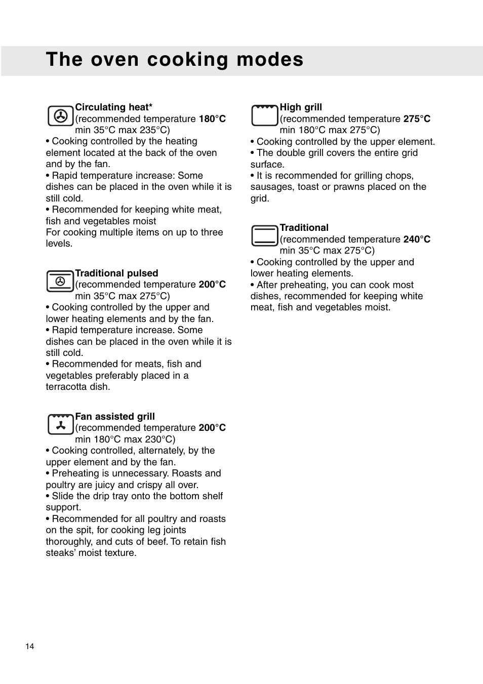 The oven cooking modes | Caple C2471 User Manual | Page 14 / 22