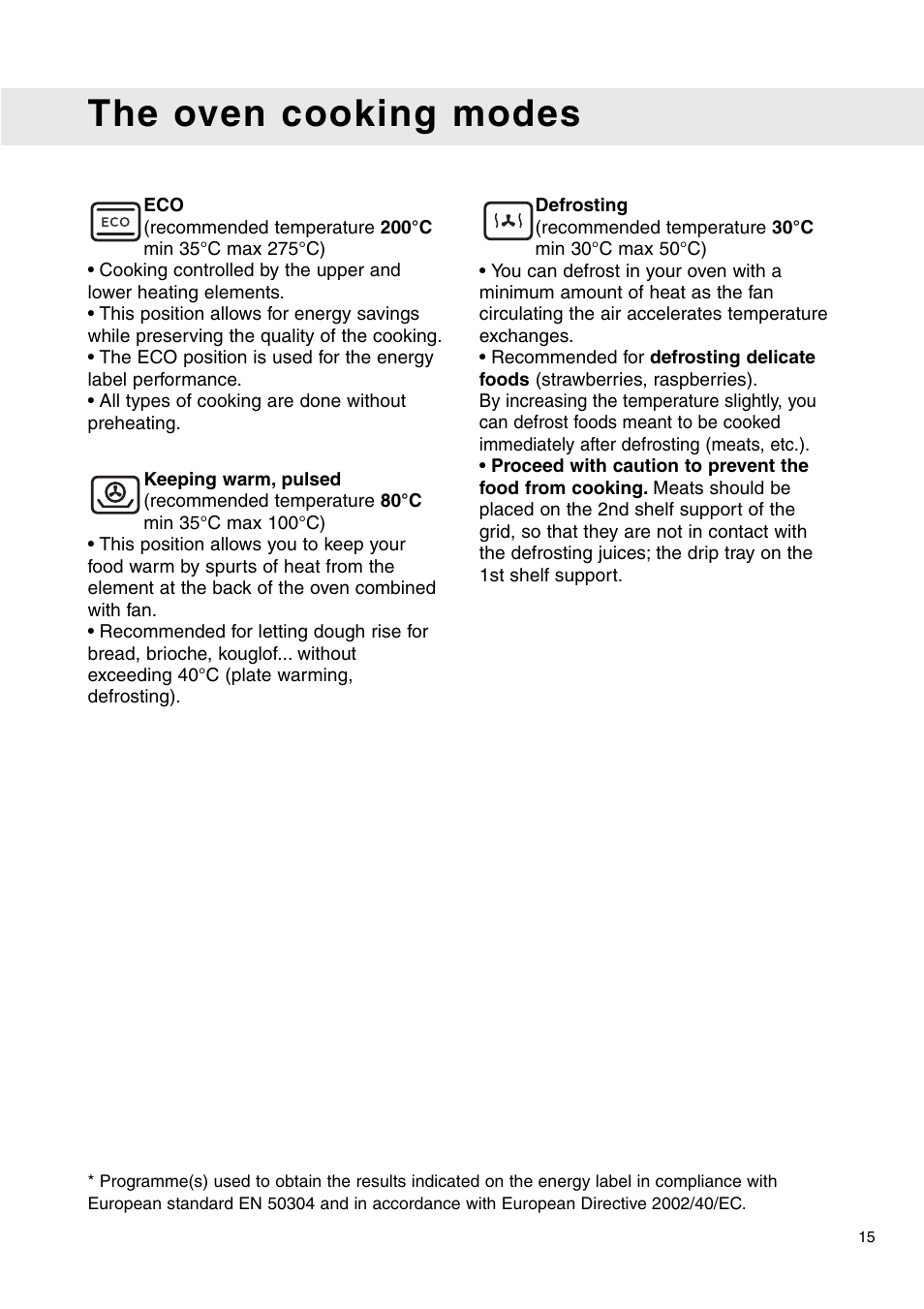 The oven cooking modes | Caple C2471 User Manual | Page 15 / 22