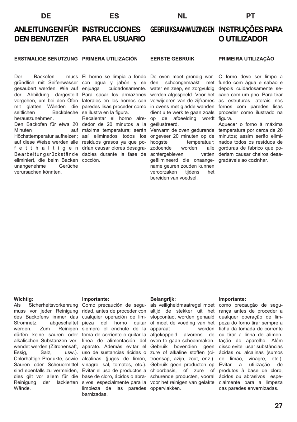 Instrucciones para el usuario, Anleitungen für den benutzer, Gebruiksaanwijzingen | Instruções para o utilizador, Es nl pt de 27 | Caple C2511 User Manual | Page 28 / 53