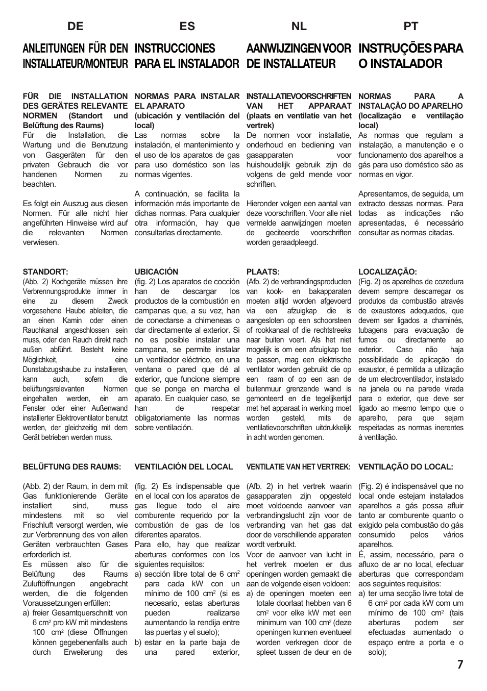 Instrucciones para el instalador, Anleitungen für den installateur/monteur, Instruções para o instalador | Aanwijzingen voor de installateur, Es nl pt de 7 | Caple C2511 User Manual | Page 8 / 53