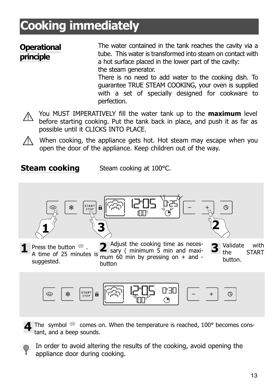 Cooking immediately | Caple SO108 Steam oven User Manual | Page 13 / 21