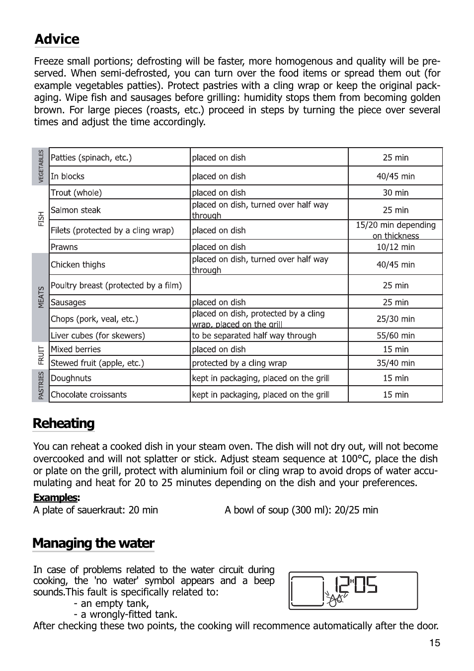 Managing the water, Advice reheating | Caple SO108 Steam oven User Manual | Page 15 / 21
