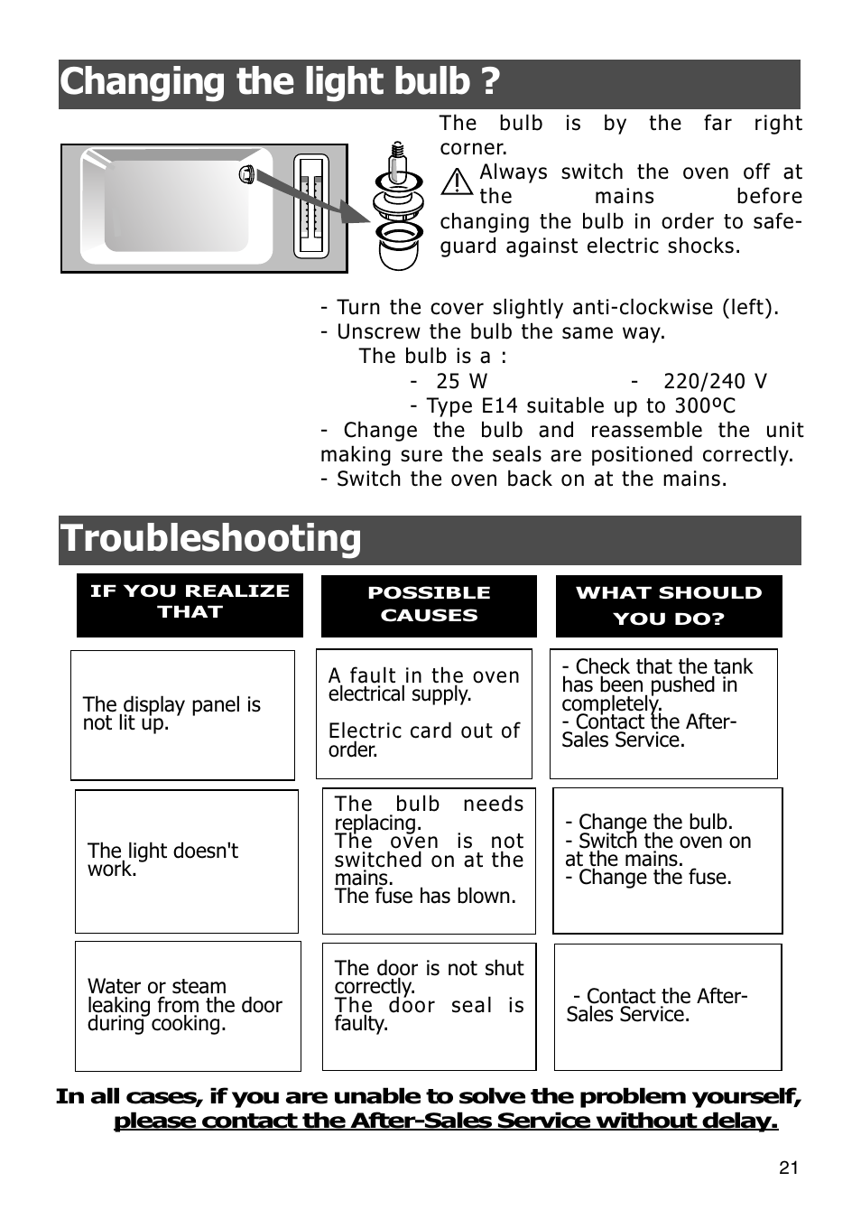 Troubleshooting, Changing the light bulb | Caple SO108 Steam oven User Manual | Page 21 / 21