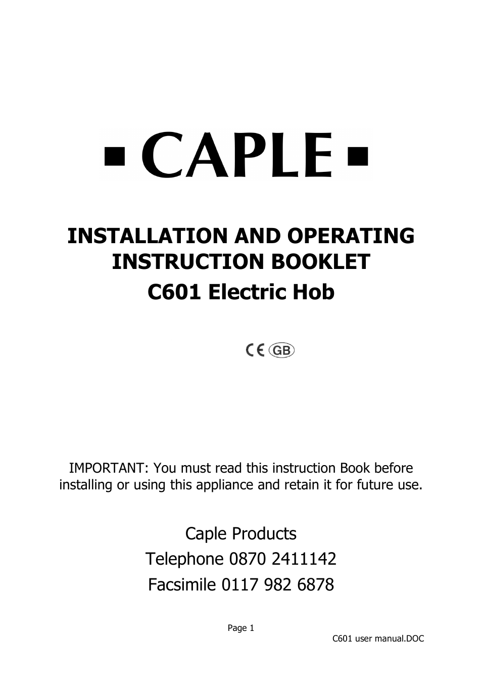 Caple C601 User Manual | 6 pages