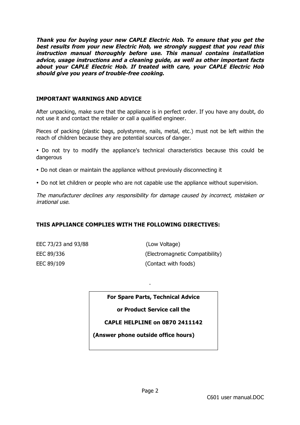 Caple C601 User Manual | Page 2 / 6
