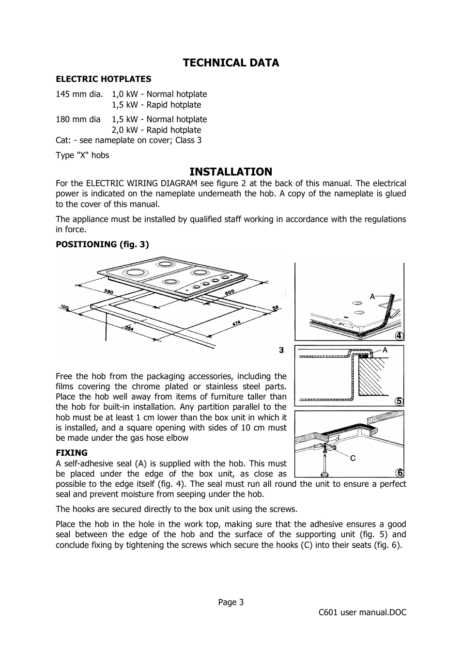 Technical data, Installation | Caple C601 User Manual | Page 3 / 6