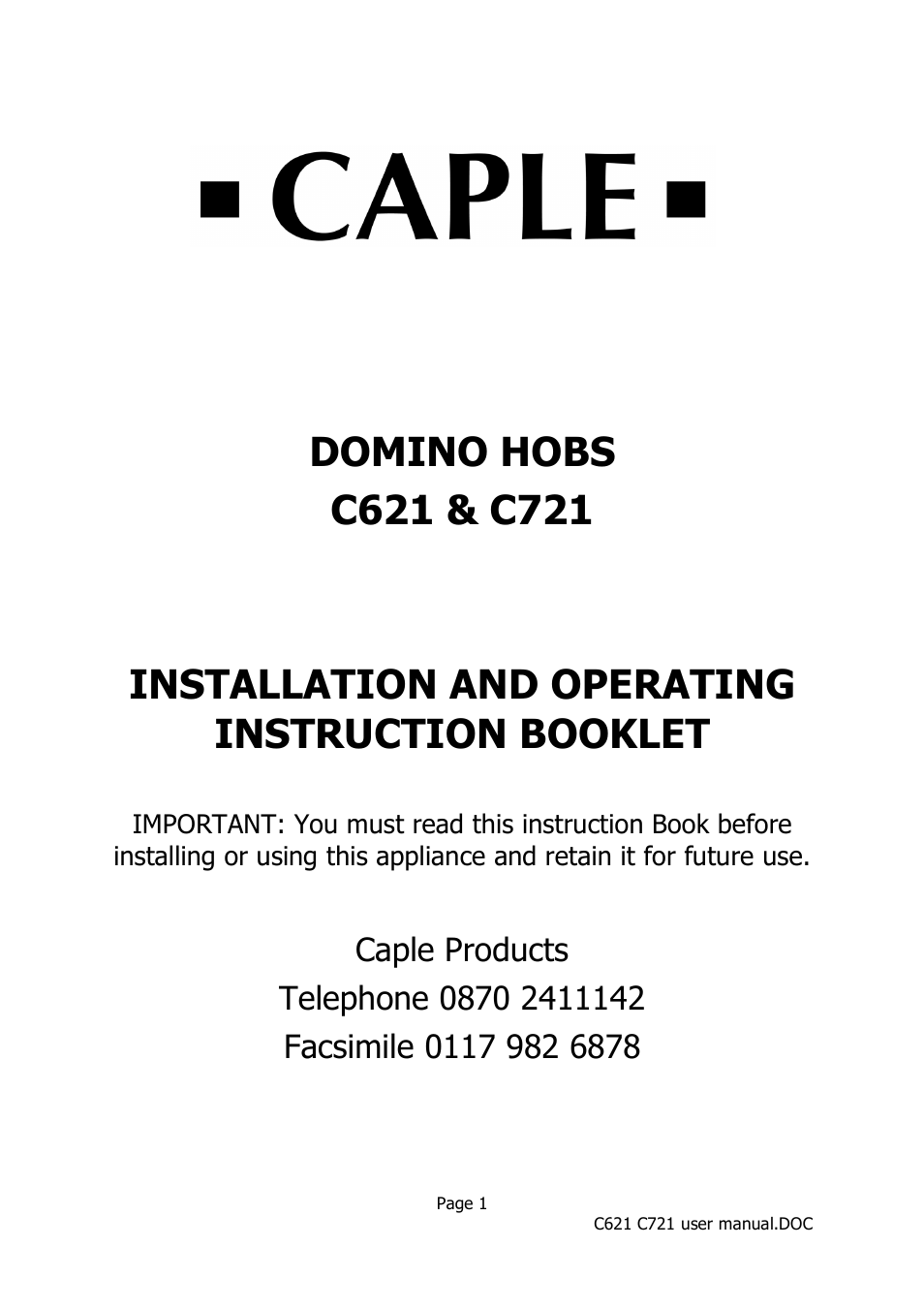 Caple C621 User Manual | 18 pages