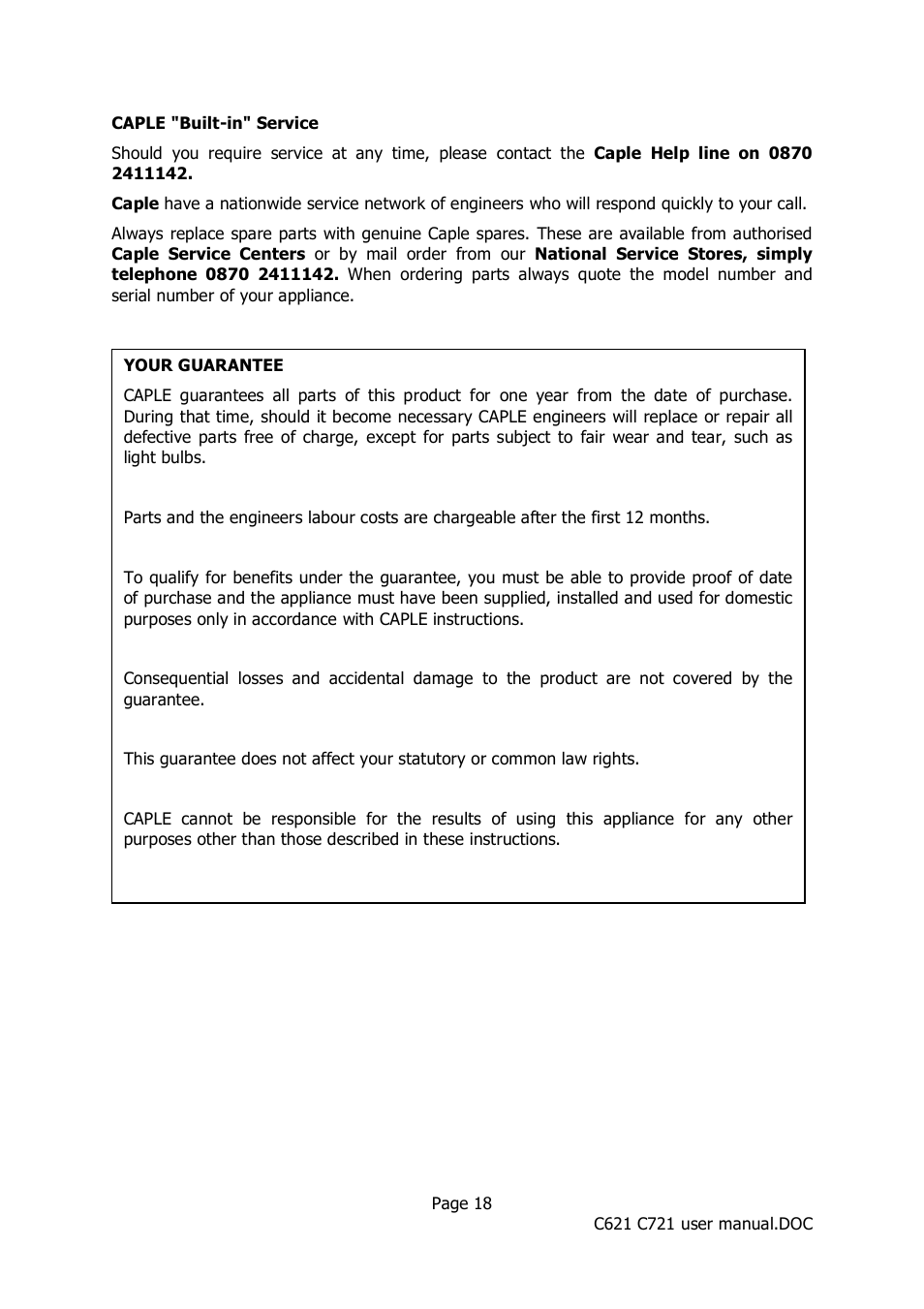 Caple C621 User Manual | Page 18 / 18