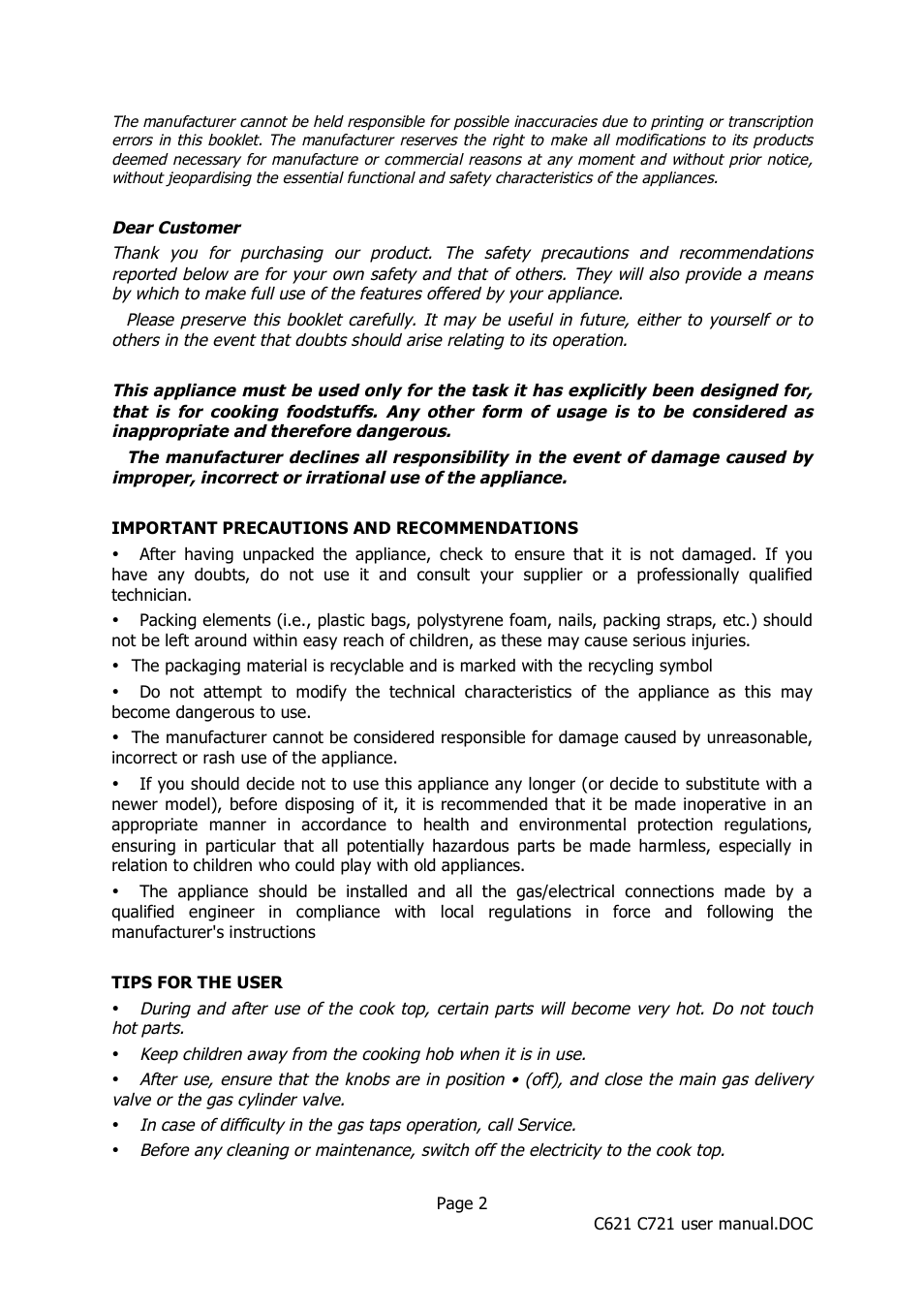 Caple C621 User Manual | Page 2 / 18