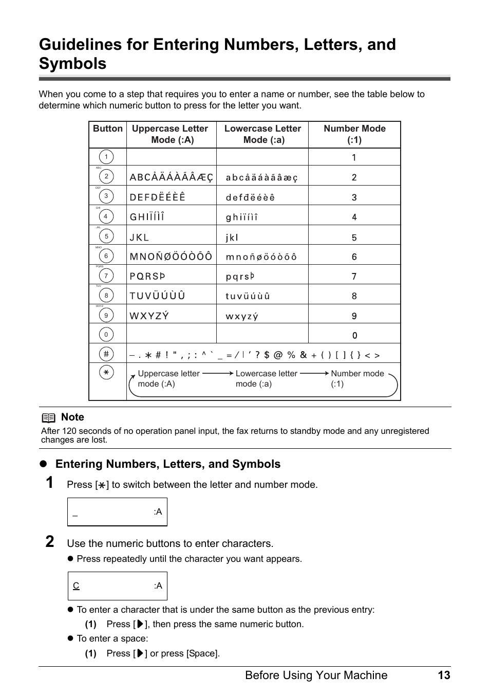 13 before using your machine, Zentering numbers, letters, and symbols, Use the numeric buttons to enter characters | Canon FAX-JX210P User Manual | Page 14 / 86