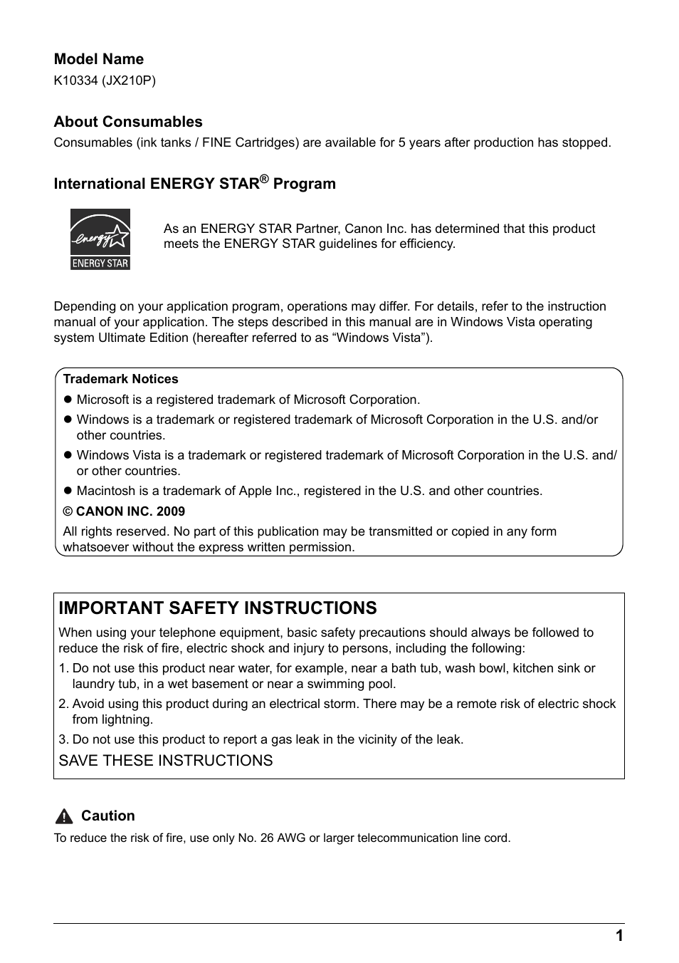 Important safety instructions | Canon FAX-JX210P User Manual | Page 2 / 86