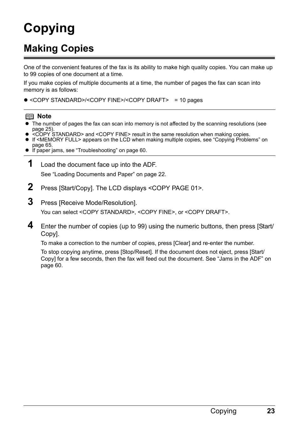 Copying, Making copies | Canon FAX-JX210P User Manual | Page 24 / 86