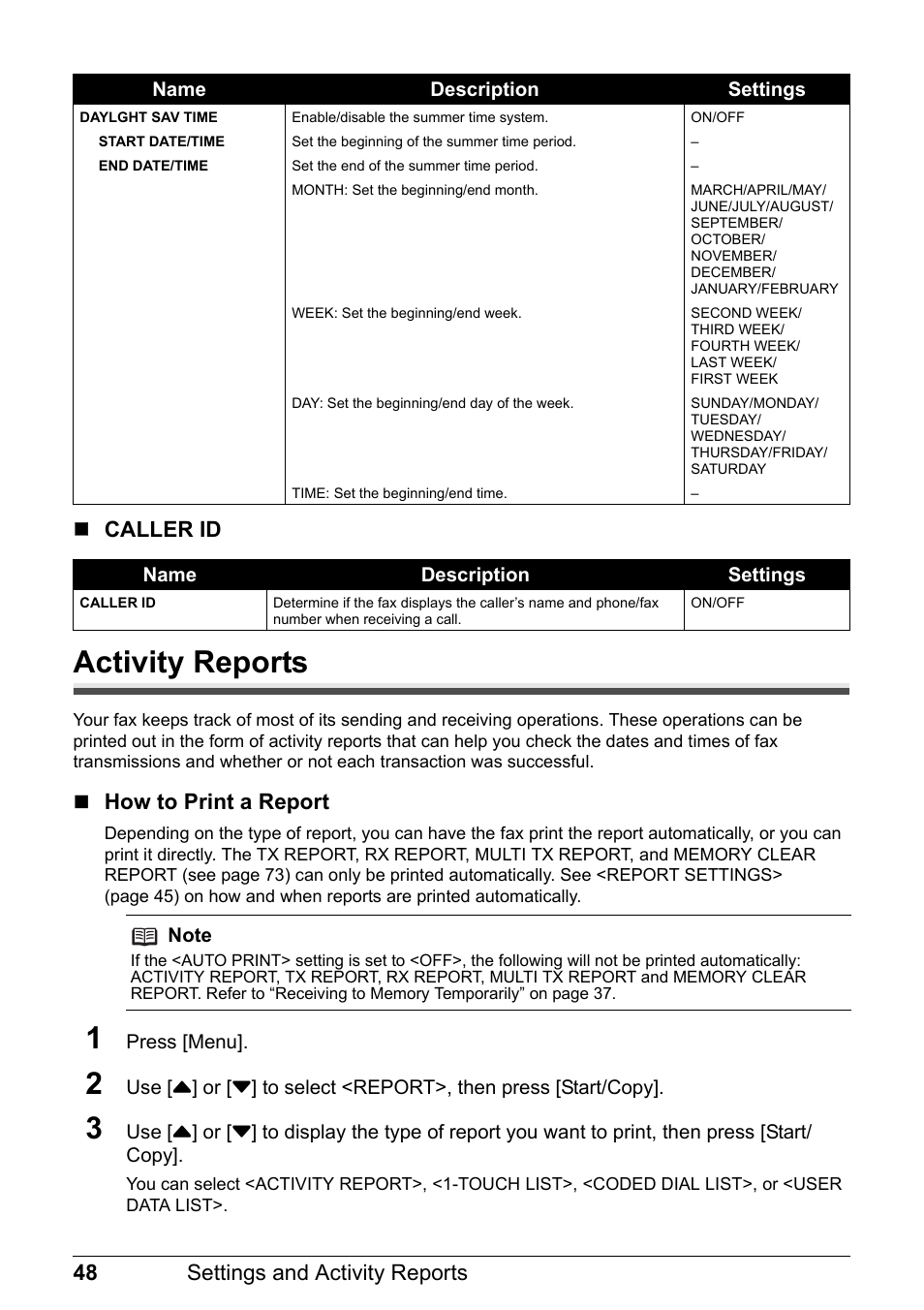 Activity reports, 48 settings and activity reports  caller id, How to print a report | Canon FAX-JX210P User Manual | Page 49 / 86