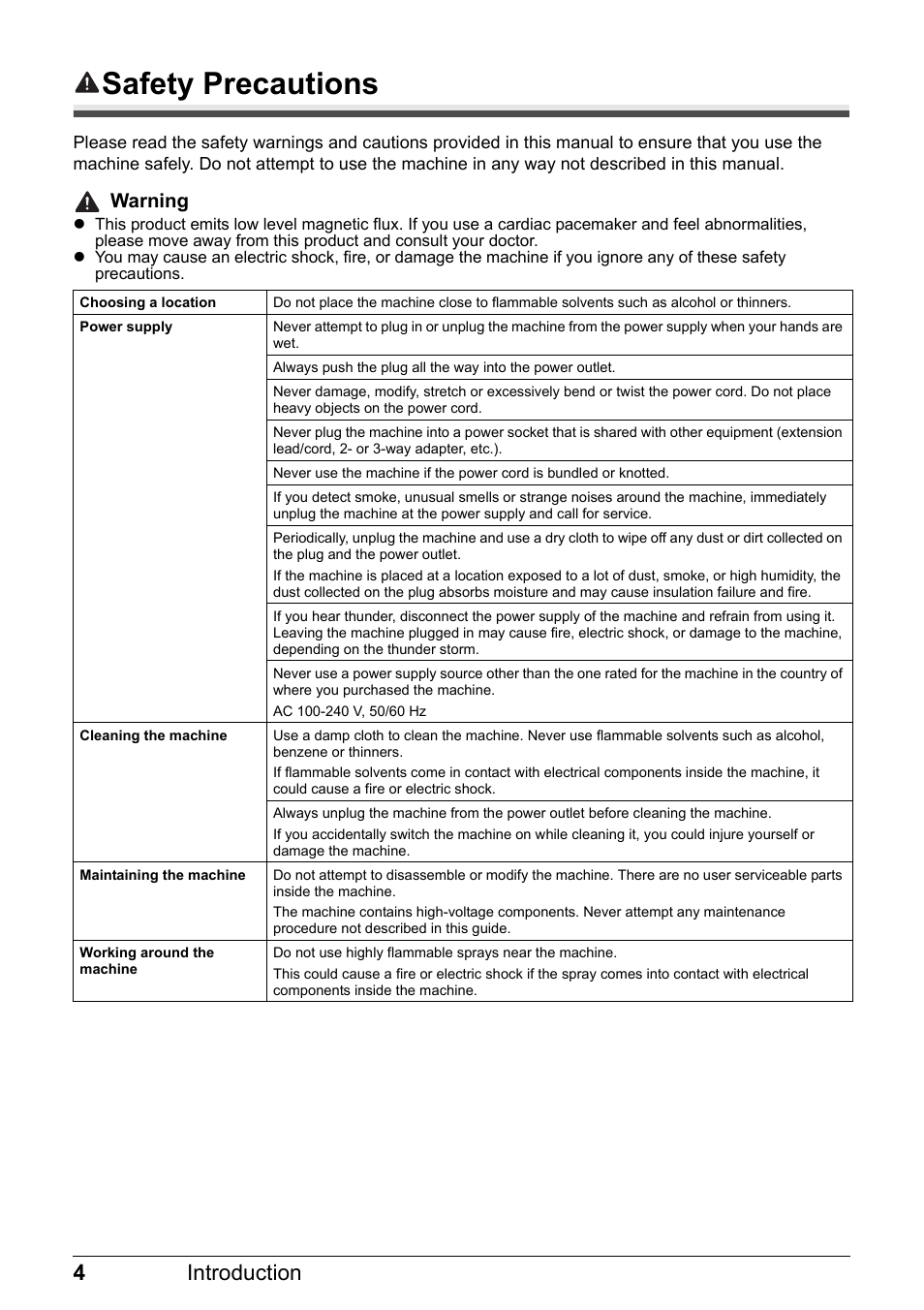 Safety precautions, 4introduction, Warning | Canon FAX-JX210P User Manual | Page 5 / 86