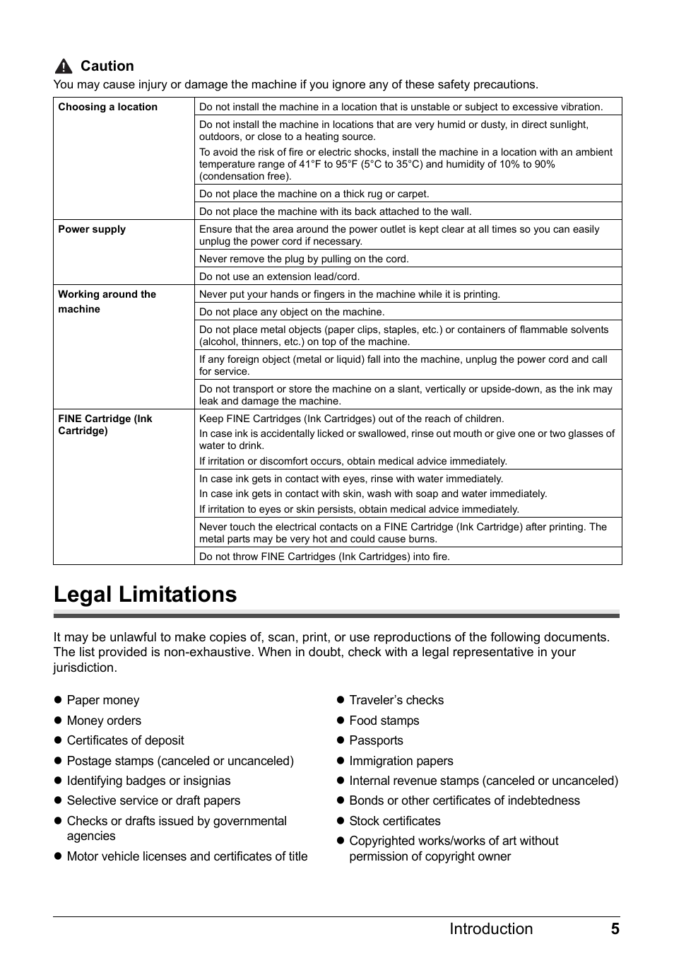 Legal limitations, 5introduction | Canon FAX-JX210P User Manual | Page 6 / 86