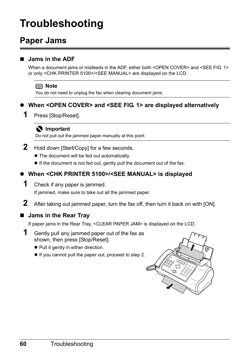 Troubleshooting, Paper jams | Canon FAX-JX210P User Manual | Page 61 / 86