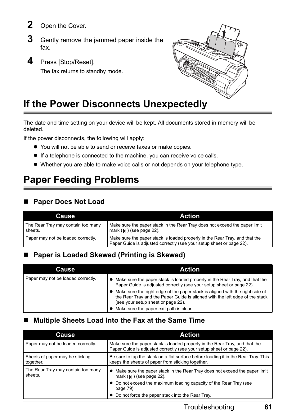 If the power disconnects unexpectedly, Paper feeding problems, 61 troubleshooting | Canon FAX-JX210P User Manual | Page 62 / 86