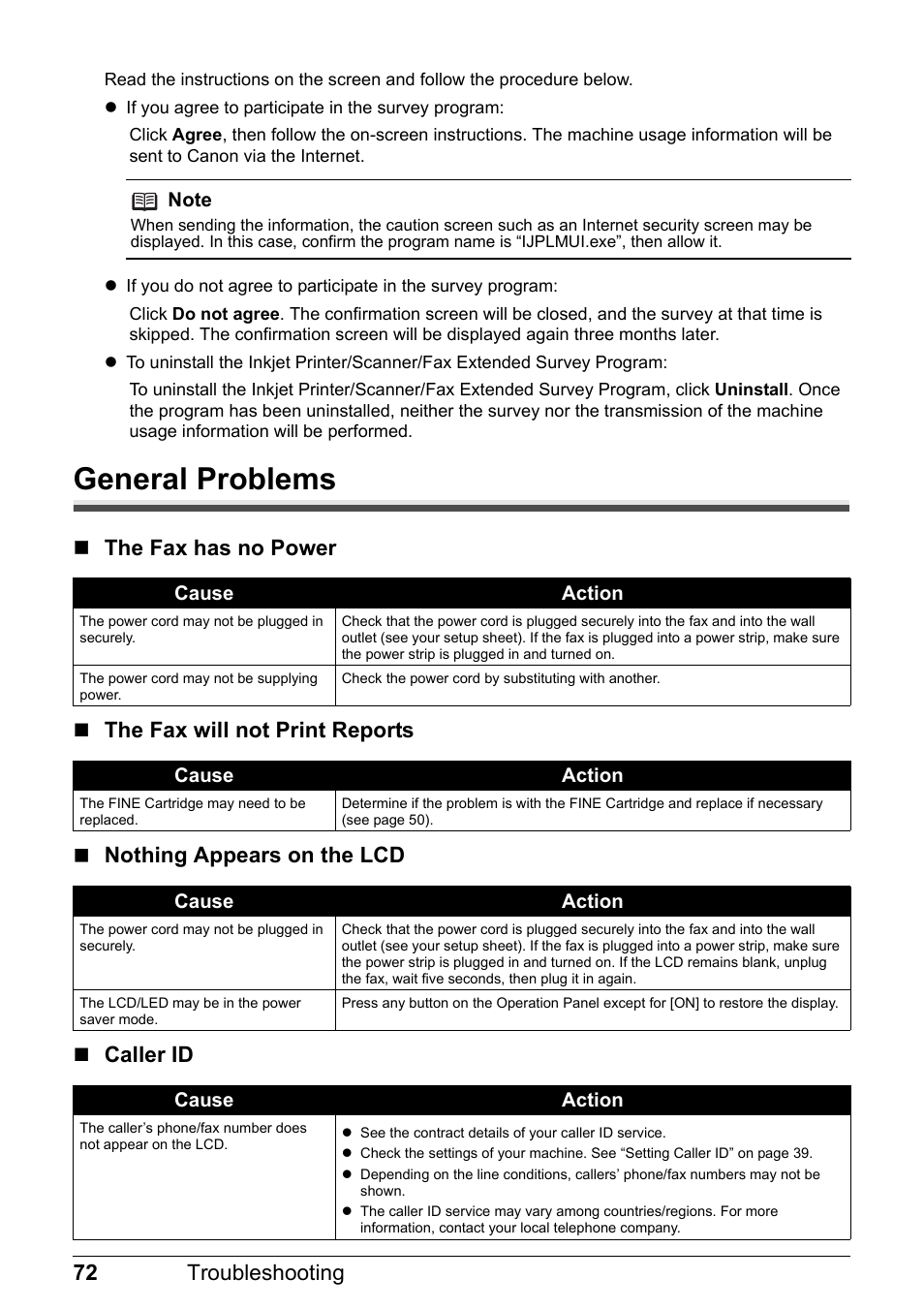 General problems, 72 troubleshooting | Canon FAX-JX210P User Manual | Page 73 / 86