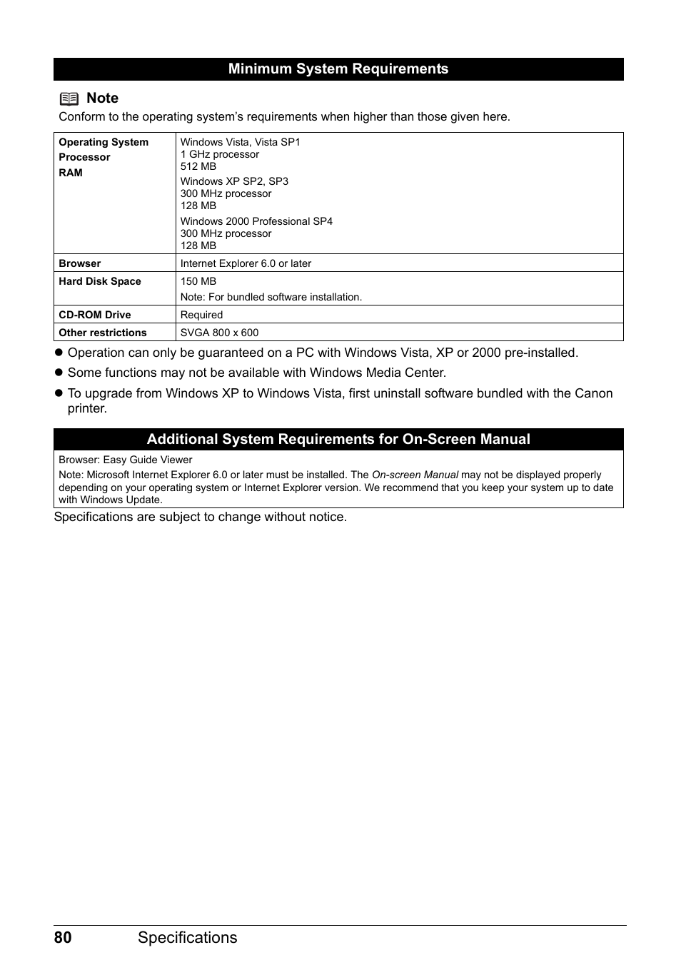 80 specifications | Canon FAX-JX210P User Manual | Page 81 / 86