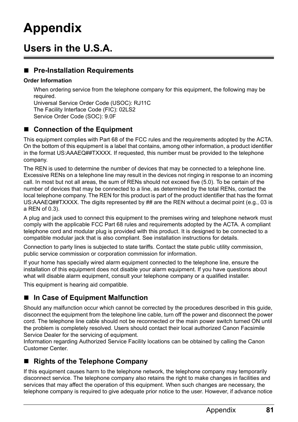 Appendix, Users in the u.s.a | Canon FAX-JX210P User Manual | Page 82 / 86