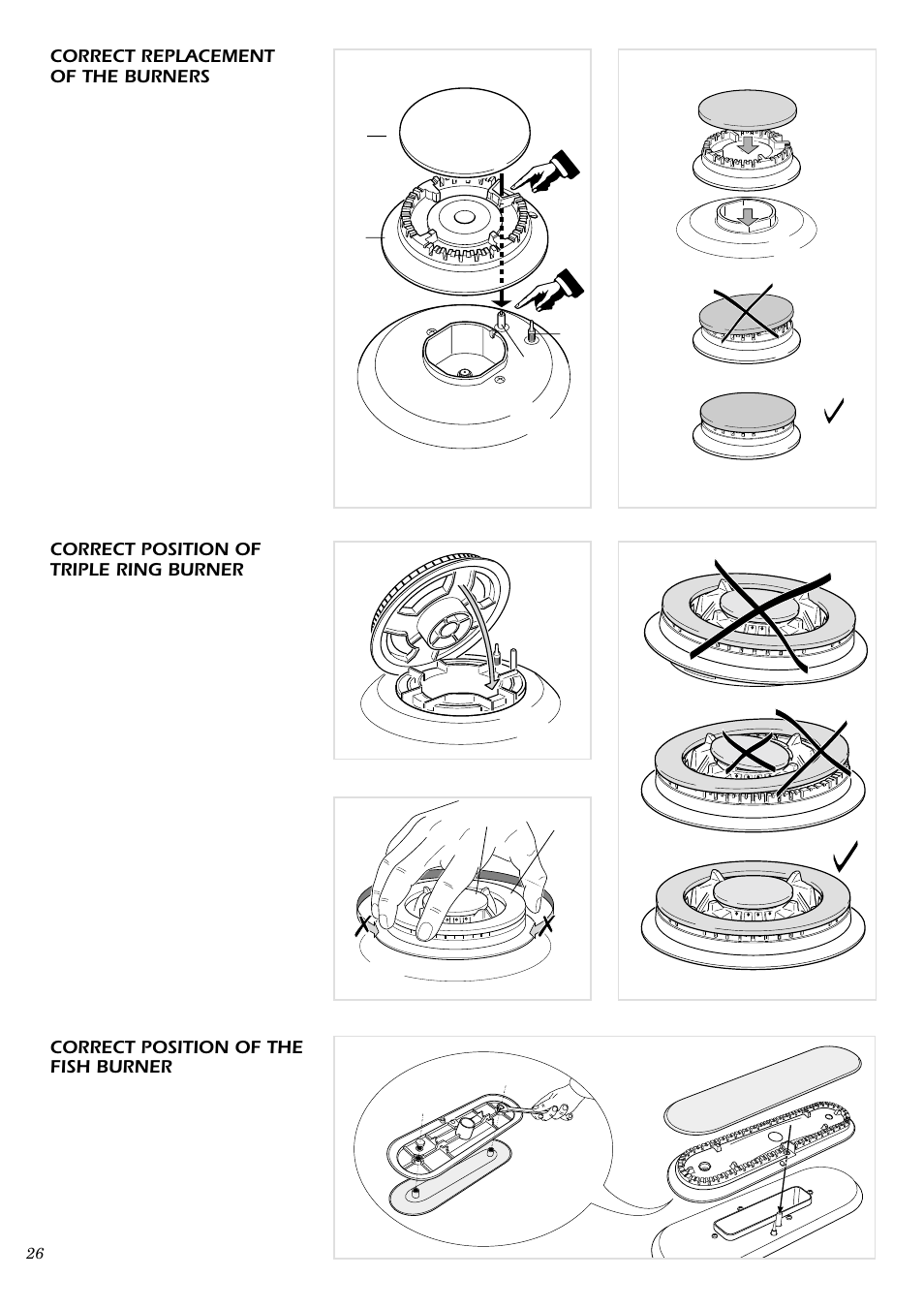 Correct replacement of the burners, Correct position of triple ring burner, Correct position of the fish burner | Caple C762GSS User Manual | Page 10 / 17