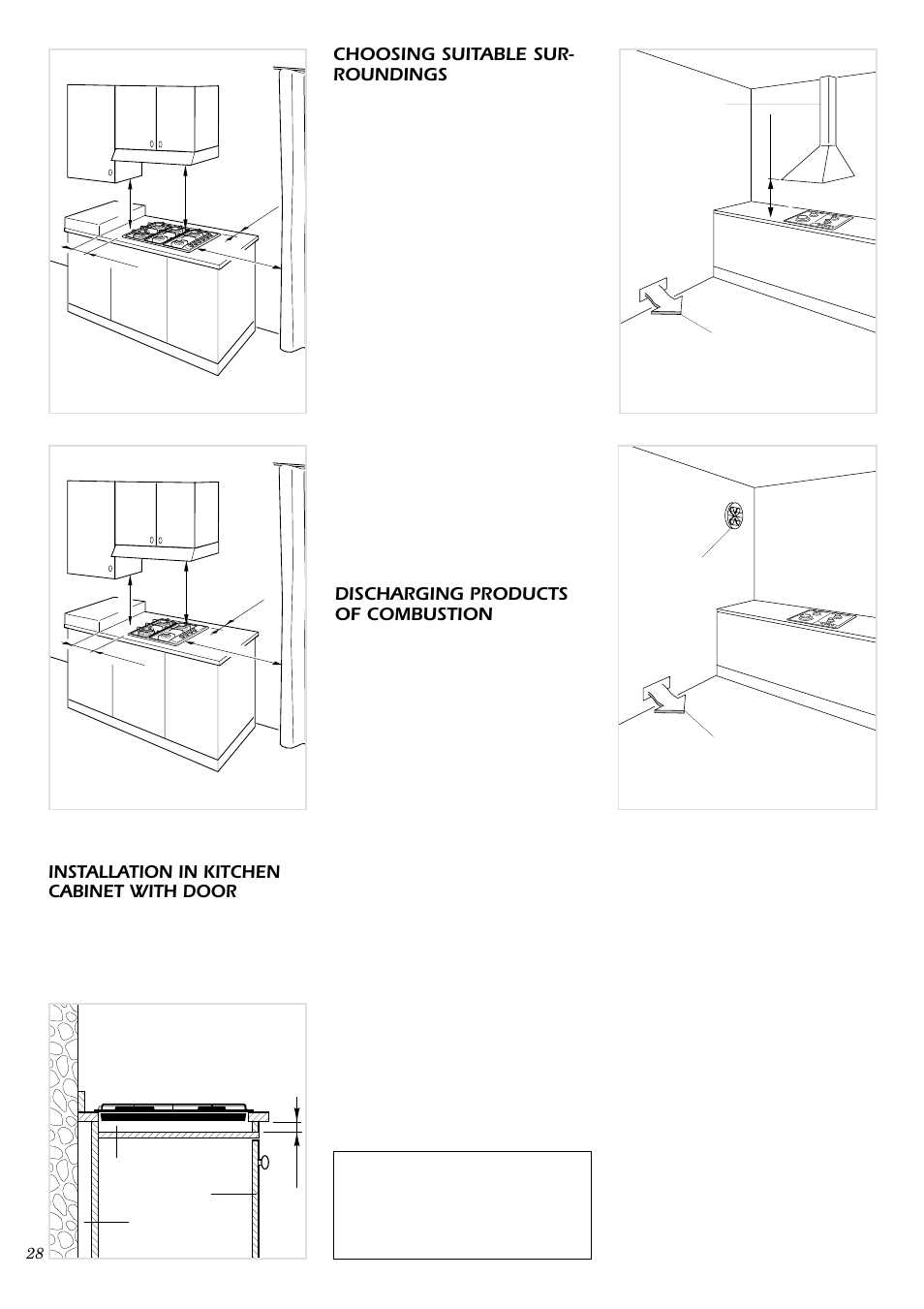 Installation in kitchen cabinet with door, Choosing suitable sur- roundings, Discharging products of combustion | Caple C762GSS User Manual | Page 12 / 17