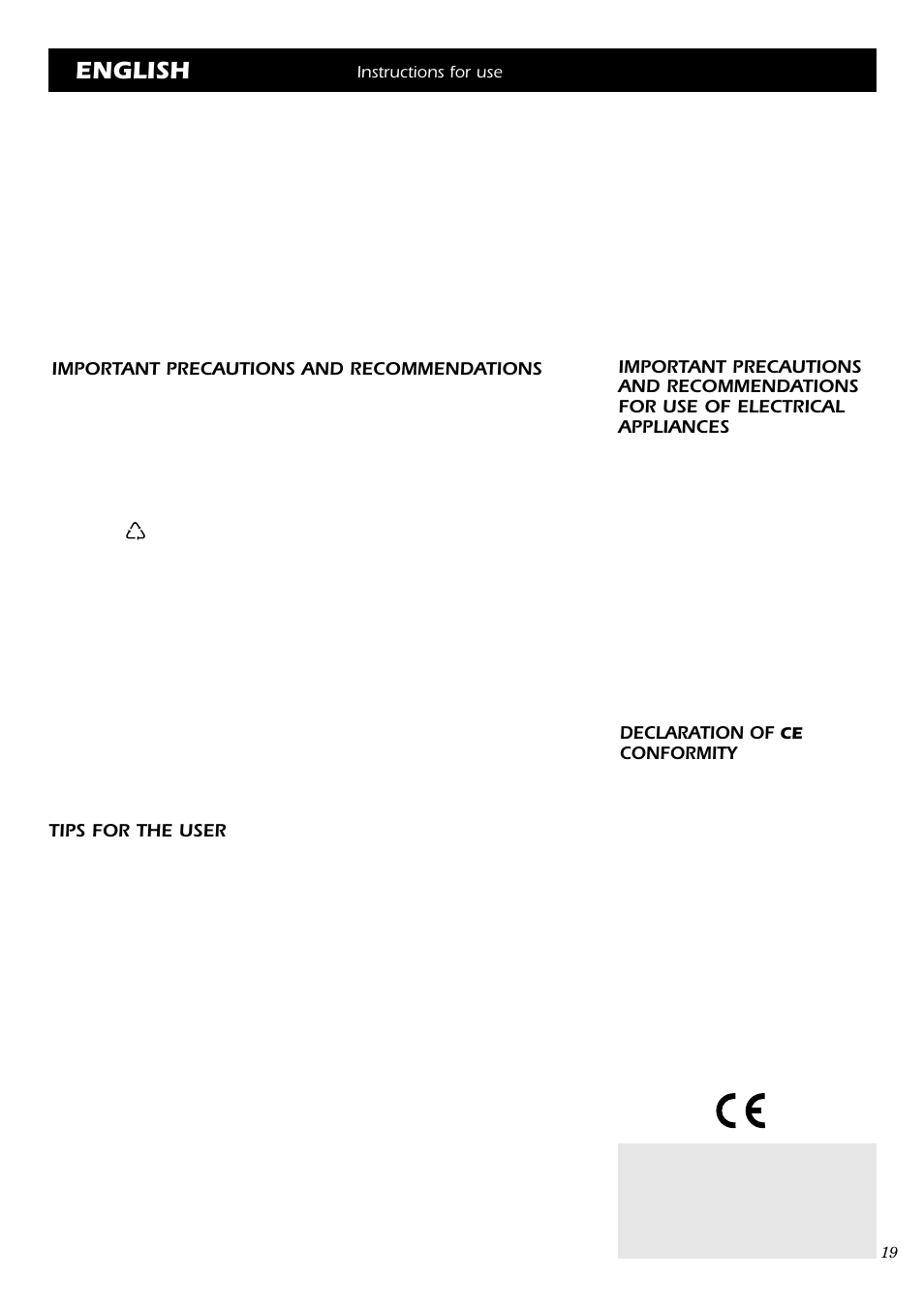 English, Important precautions and recommendations, Declaration of | Conformity, Tips for the user | Caple C762GSS User Manual | Page 3 / 17