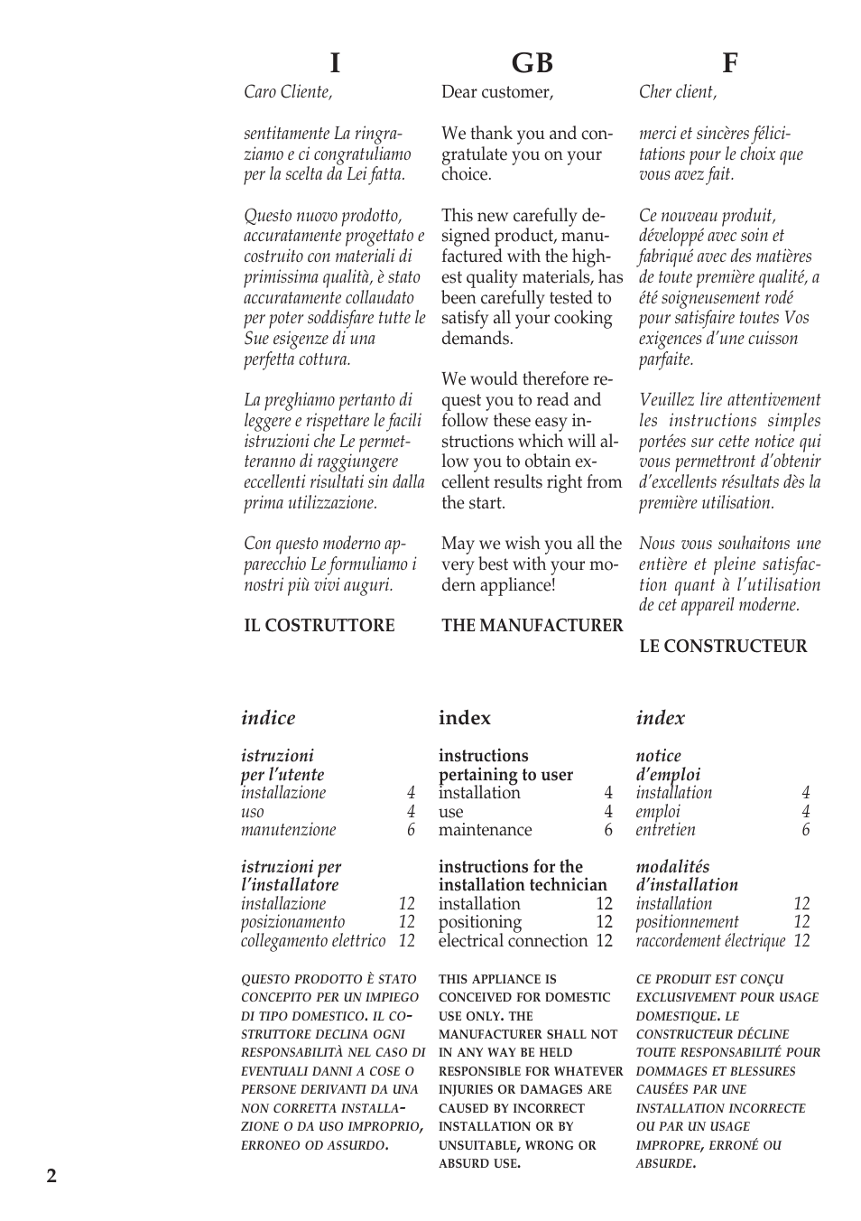 Igb f, Indice, Index | Caple C602E User Manual | Page 2 / 16