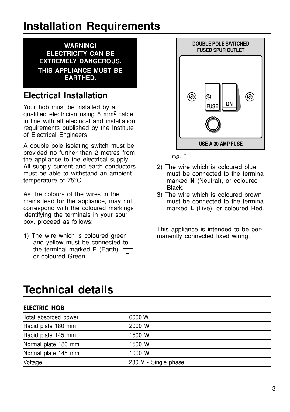 Installation requirements technical details, Electrical installation | Caple C611 User Manual | Page 3 / 8