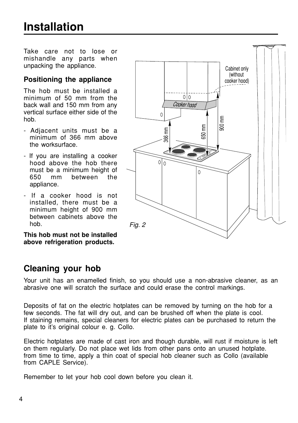 Installation, Cleaning your hob | Caple C611 User Manual | Page 4 / 8