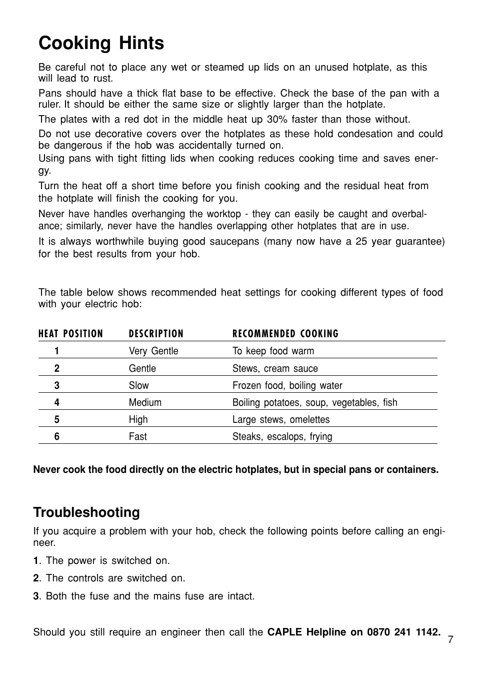 Cooking hints, Troubleshooting | Caple C611 User Manual | Page 7 / 8