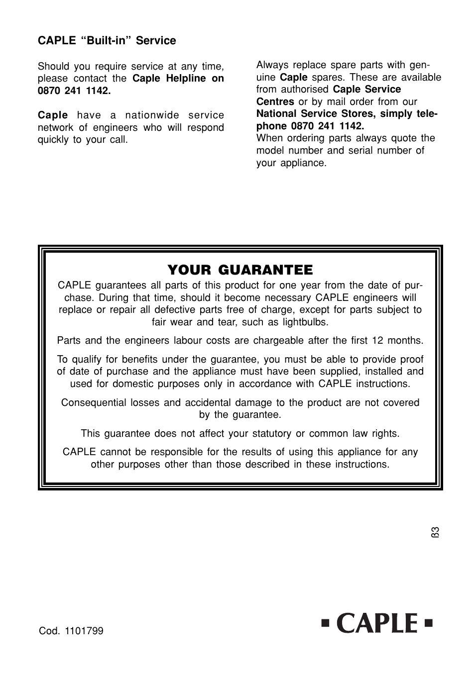 Your guarantee | Caple C611 User Manual | Page 8 / 8