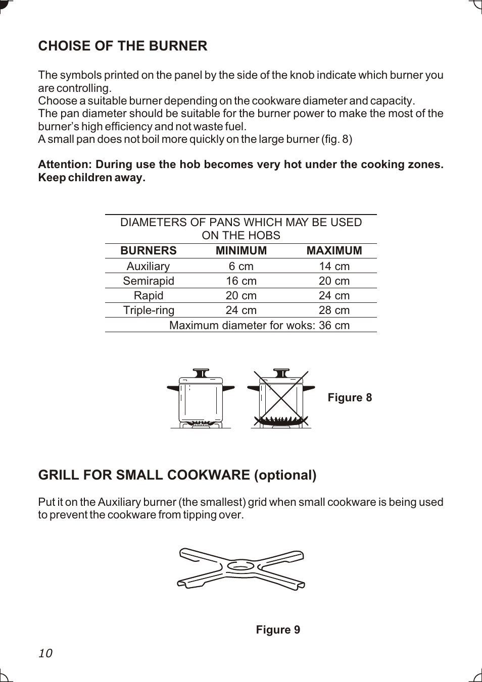 Choise of the burner, Grill for small cookware (optional) | Caple C736GSS User Manual | Page 10 / 28