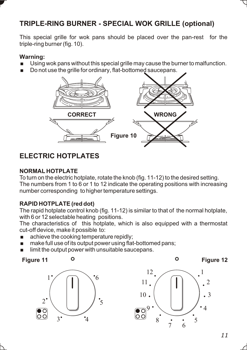 Triple-ring burner - special wok grille (optional), Electric hotplates | Caple C736GSS User Manual | Page 11 / 28