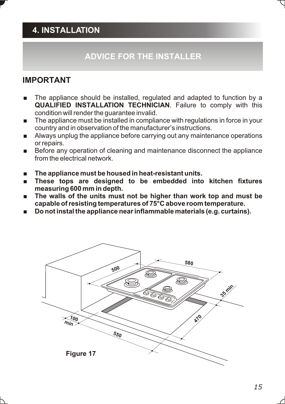 Important, Installation advice for the installer | Caple C736GSS User Manual | Page 15 / 28