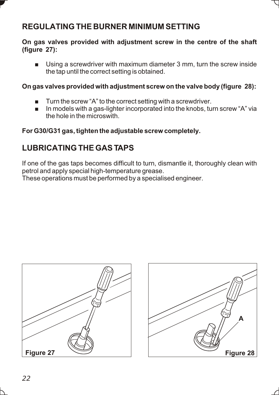 Regulating the burner minimum setting, Lubricating the gas taps | Caple C736GSS User Manual | Page 22 / 28