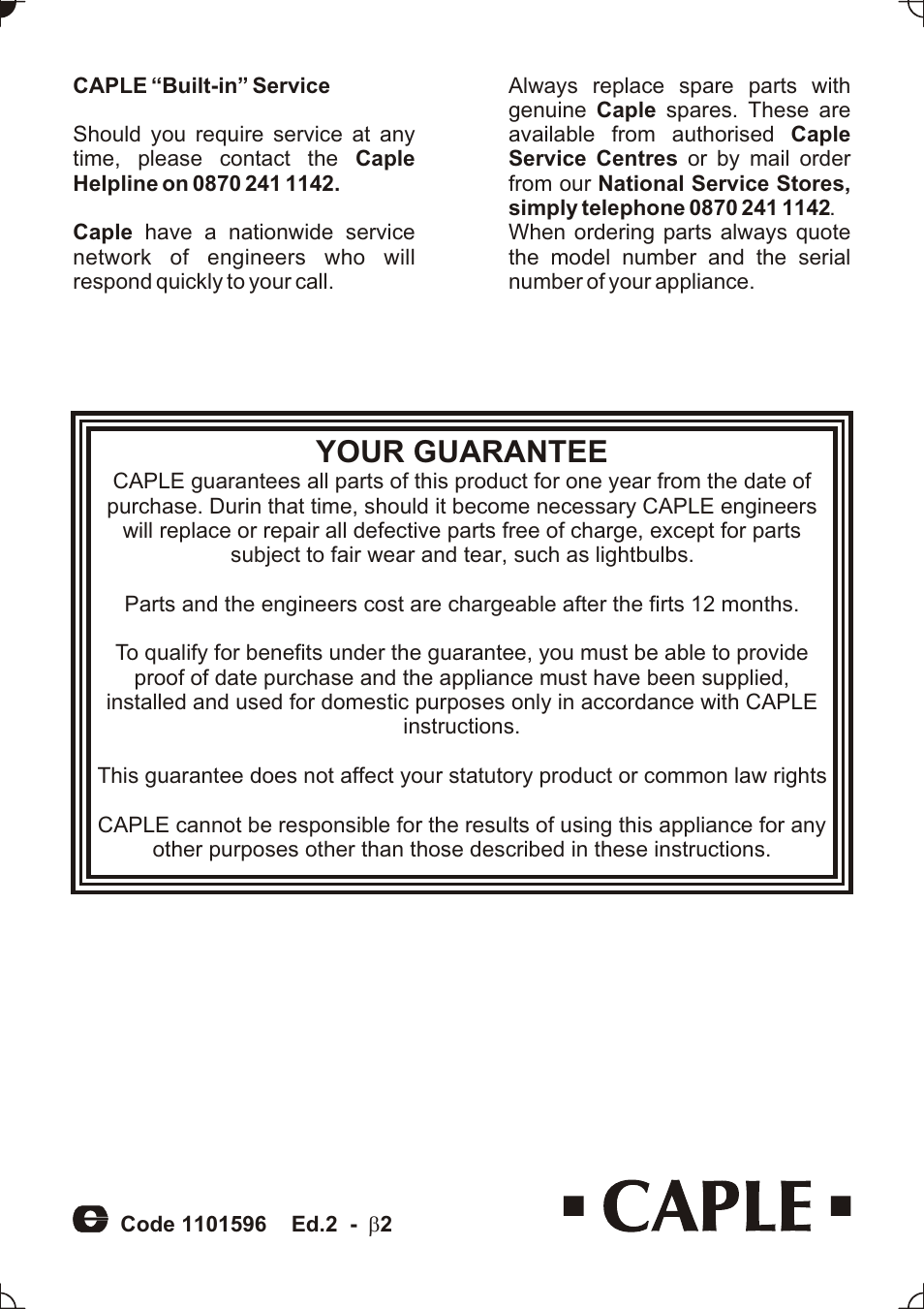 Your guarantee | Caple C736GSS User Manual | Page 28 / 28