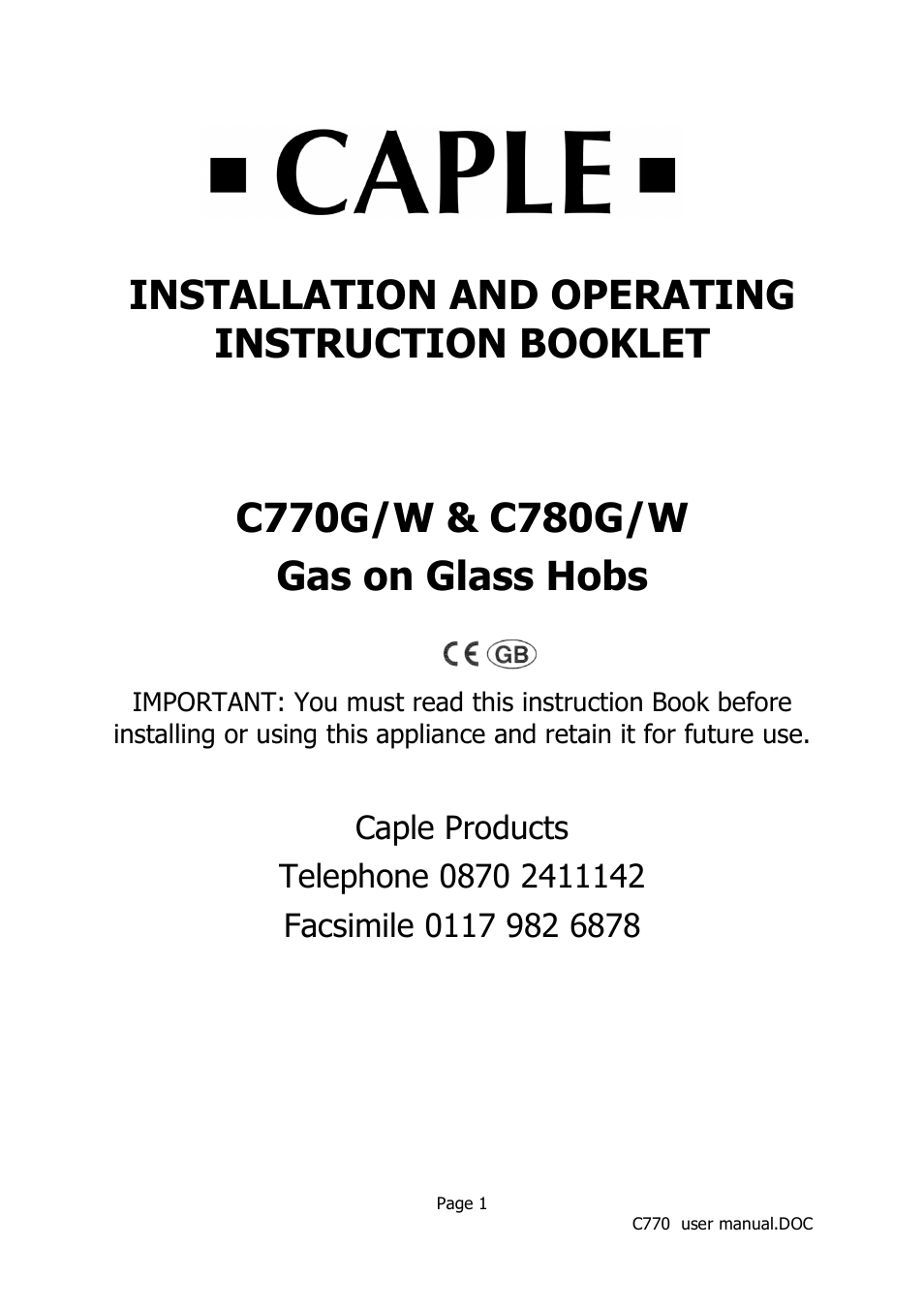 Caple C770 User Manual | 10 pages