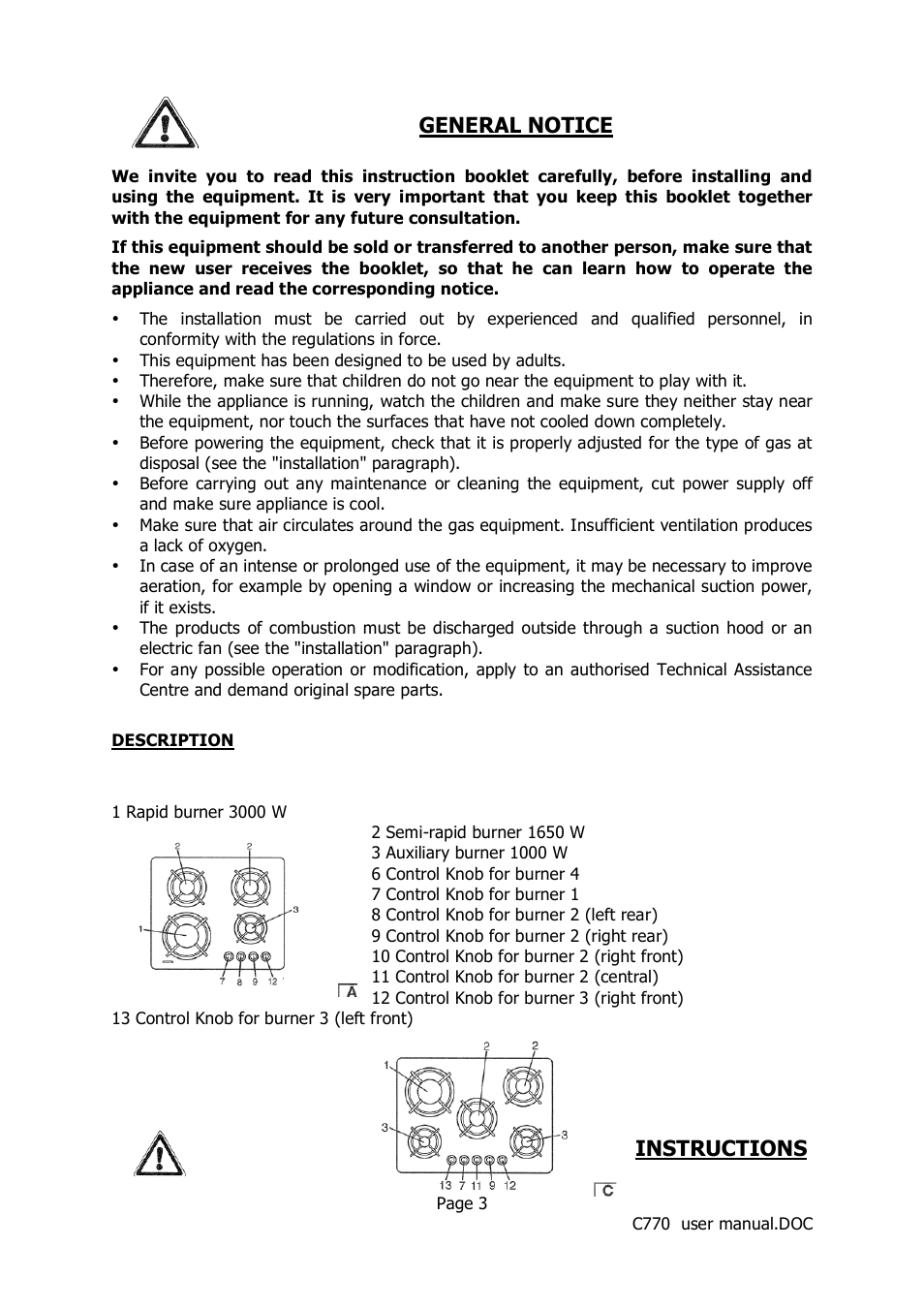 General notice, Instructions | Caple C770 User Manual | Page 3 / 10